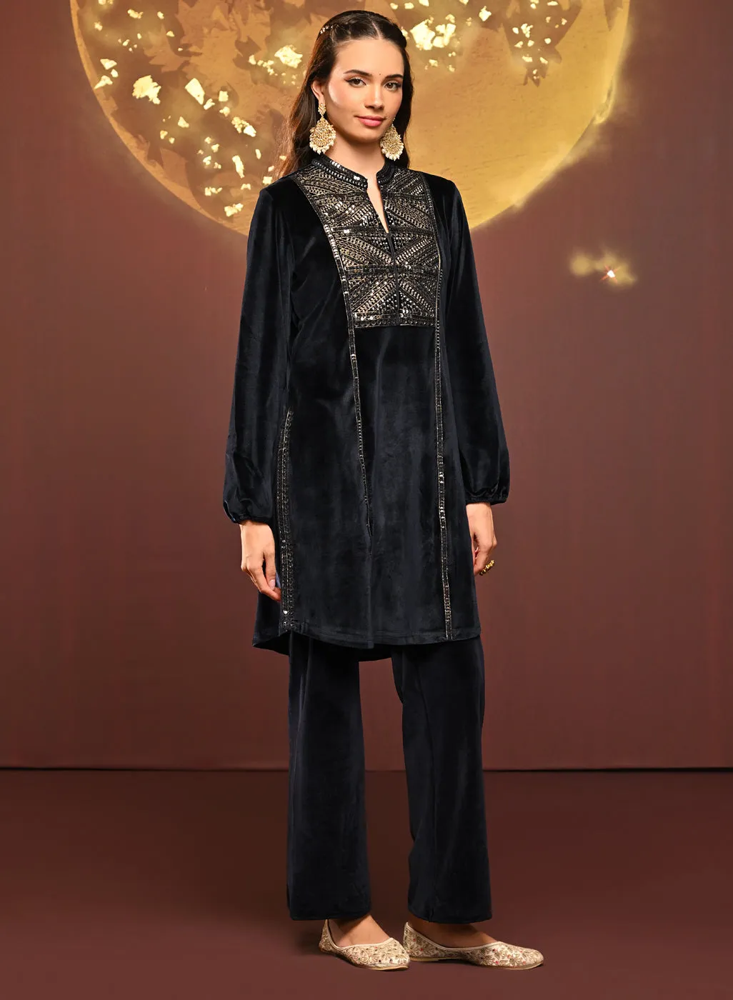 Azra Navy Blue Embroidered Velvet Kurti for Women