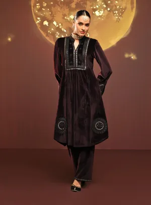 Firdaus Deep Wine Embroidered Velvet Co-ord Set for Women