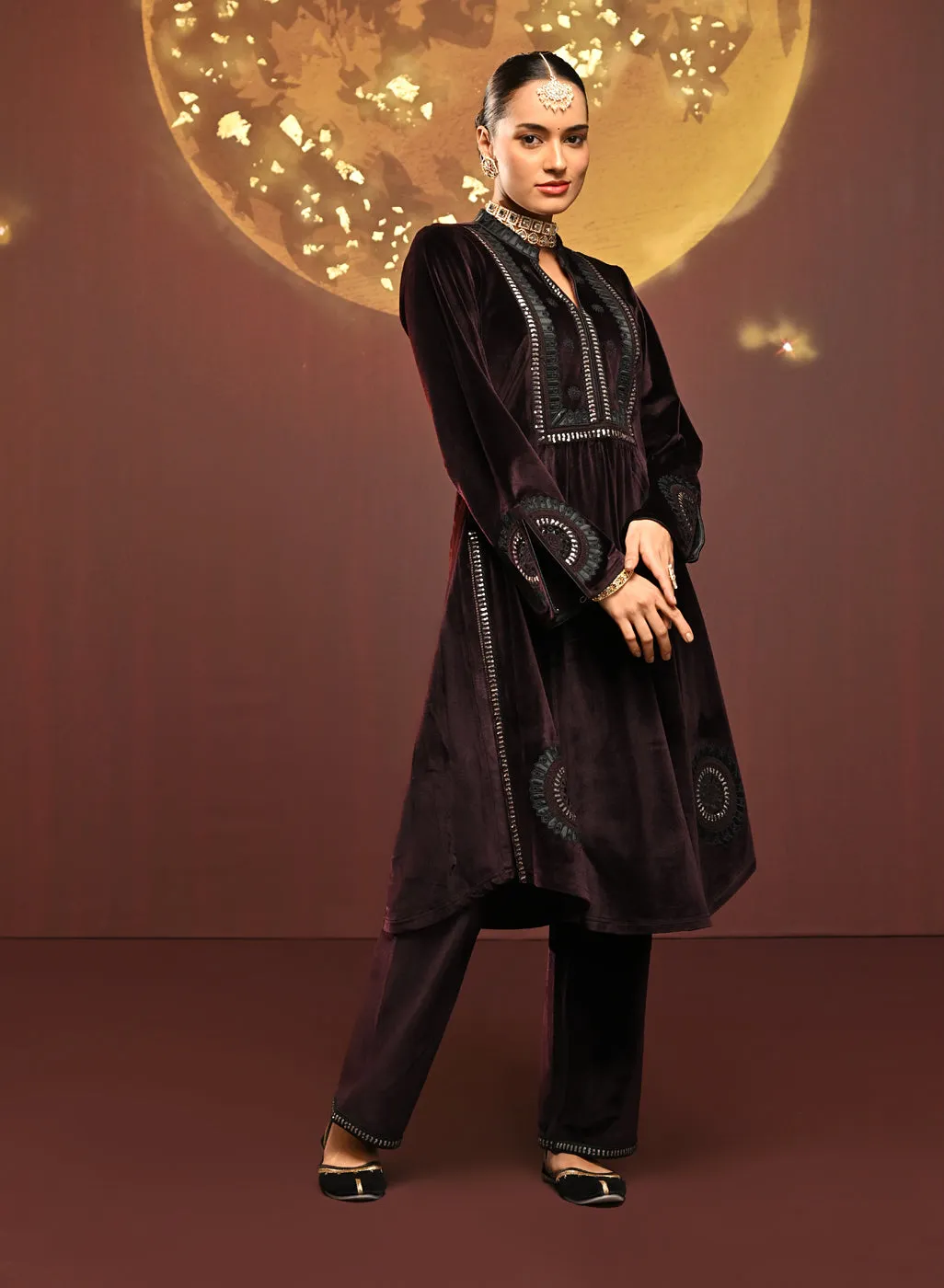 Firdaus Deep Wine Embroidered Velvet Co-ord Set for Women
