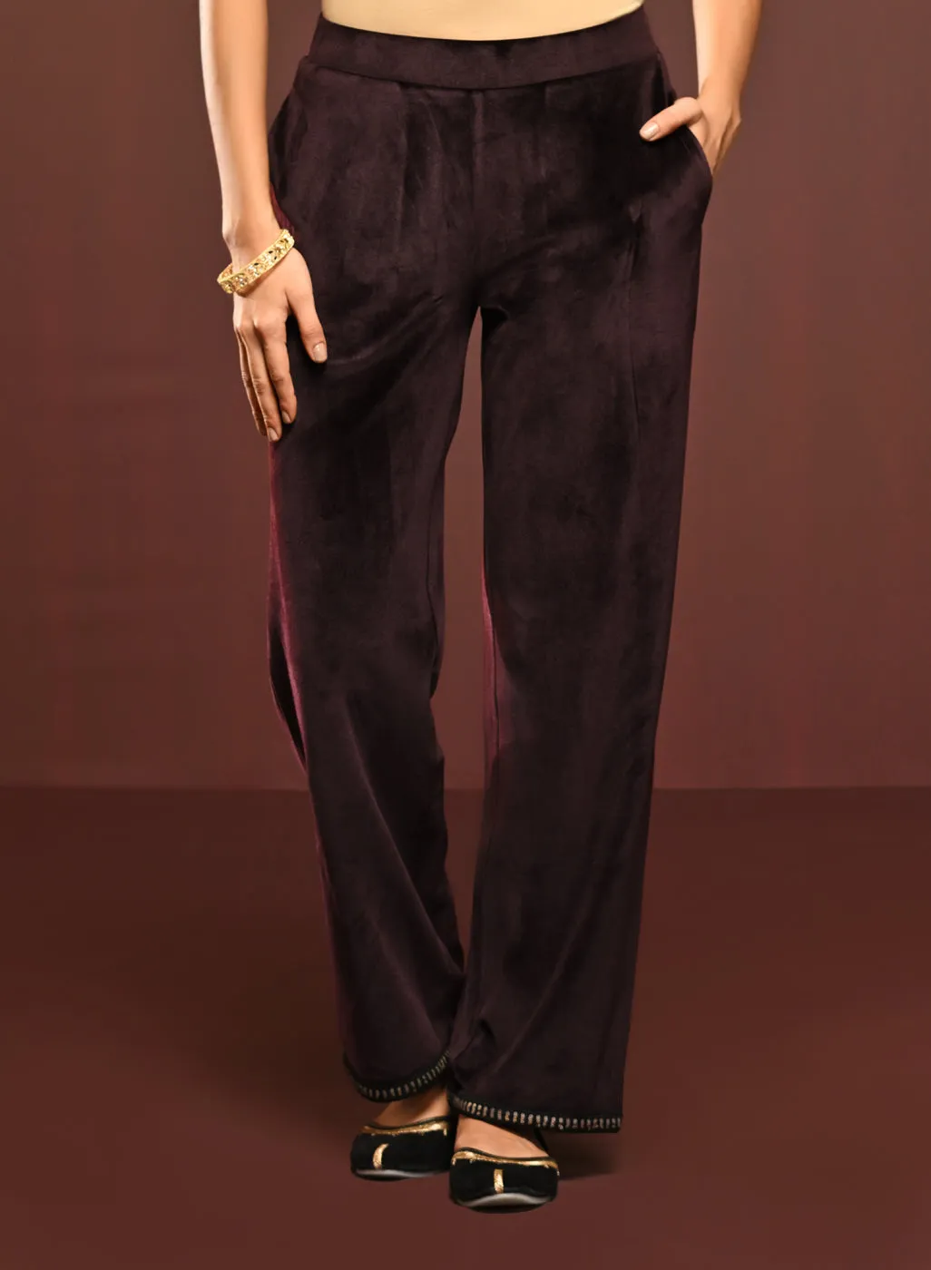 Firdaus Deep Wine Embroidered Velvet Co-ord Set for Women