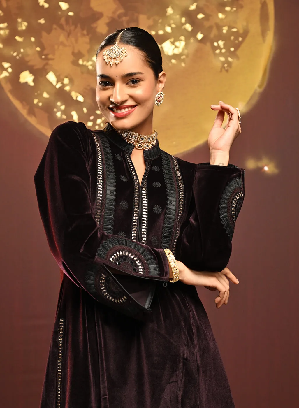 Firdaus Deep Wine Embroidered Velvet Co-ord Set for Women