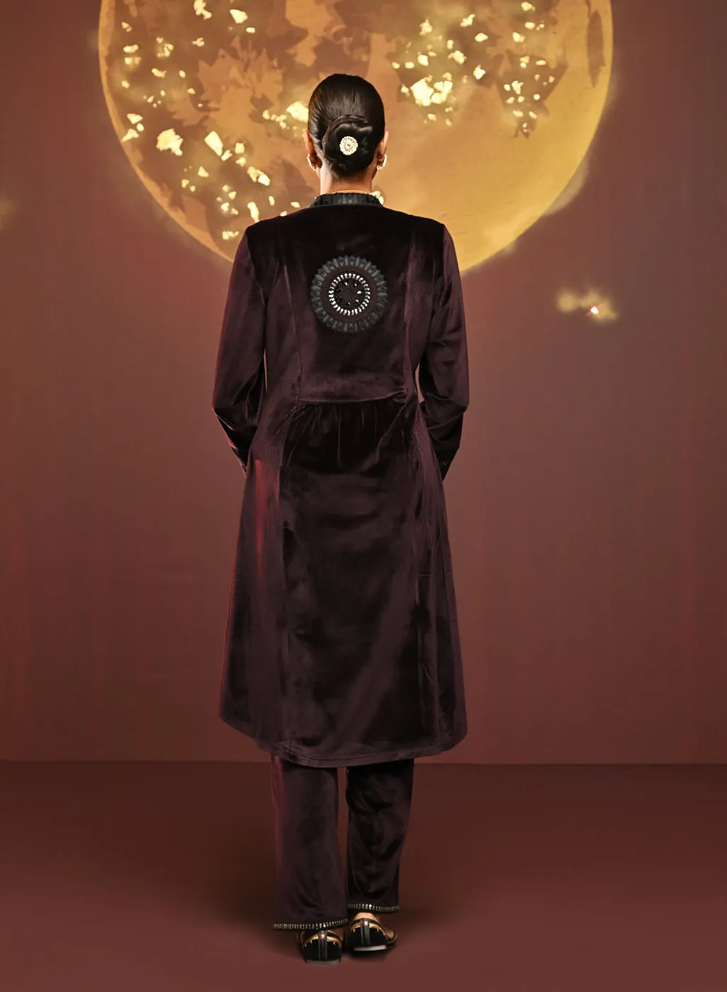Firdaus Deep Wine Embroidered Velvet Co-ord Set for Women