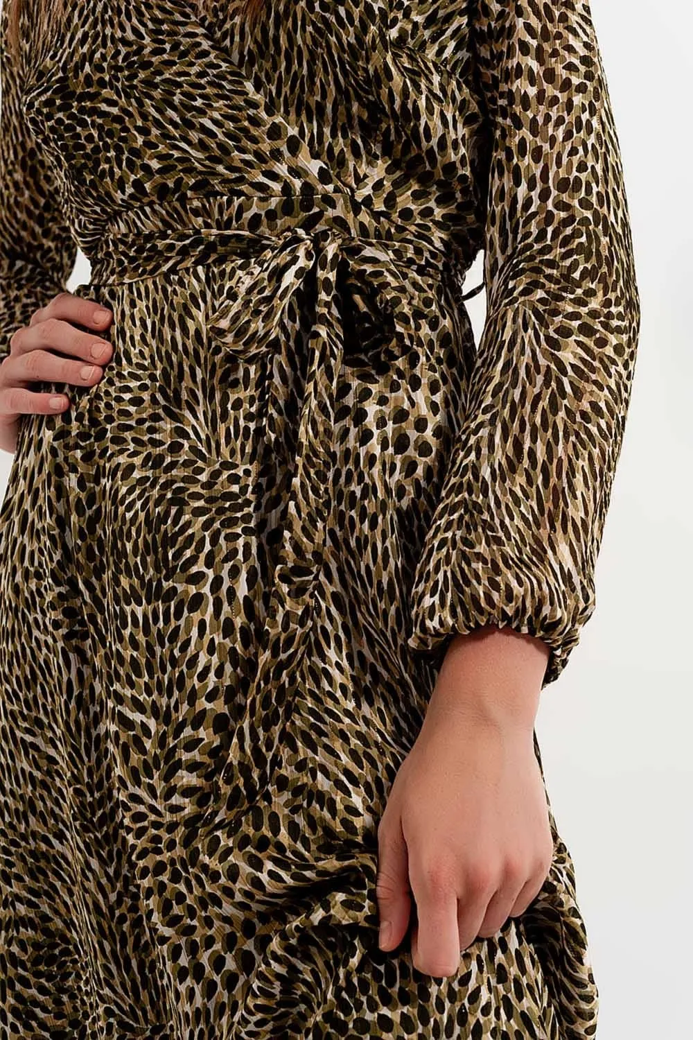 Long Sleeve Wrap Front Chiffon Dress With Belt In Shiny Print