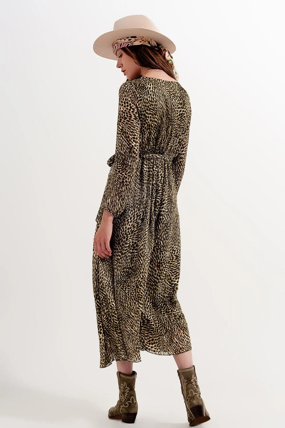 Long Sleeve Wrap Front Chiffon Dress With Belt In Shiny Print