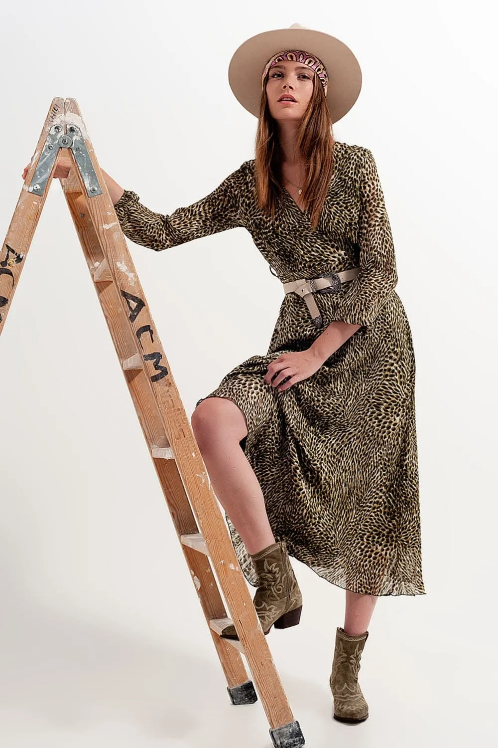 Long Sleeve Wrap Front Chiffon Dress With Belt In Shiny Print