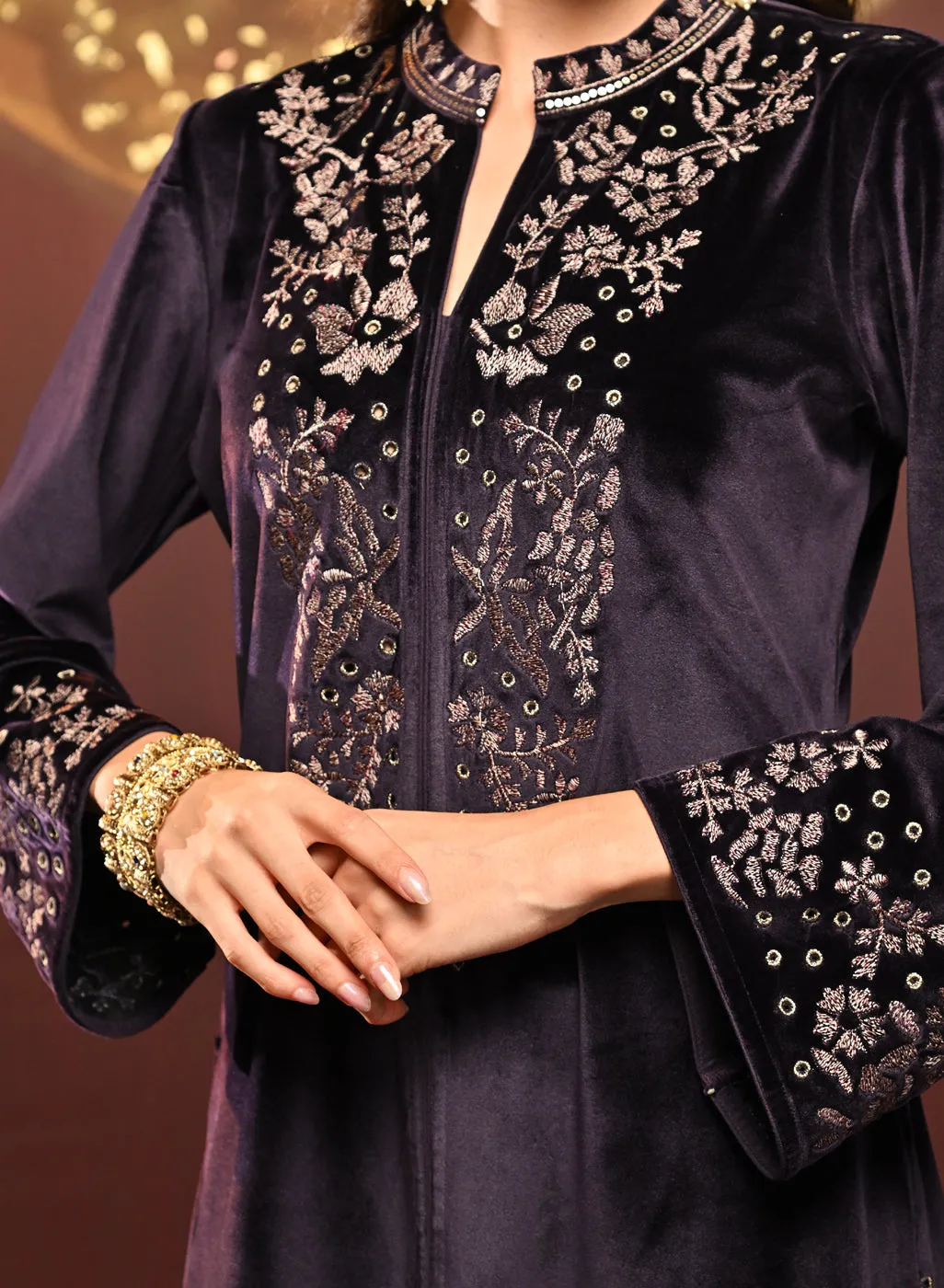 Mallika Deep Purple Embroidered Velvet Co-ord Set for Women