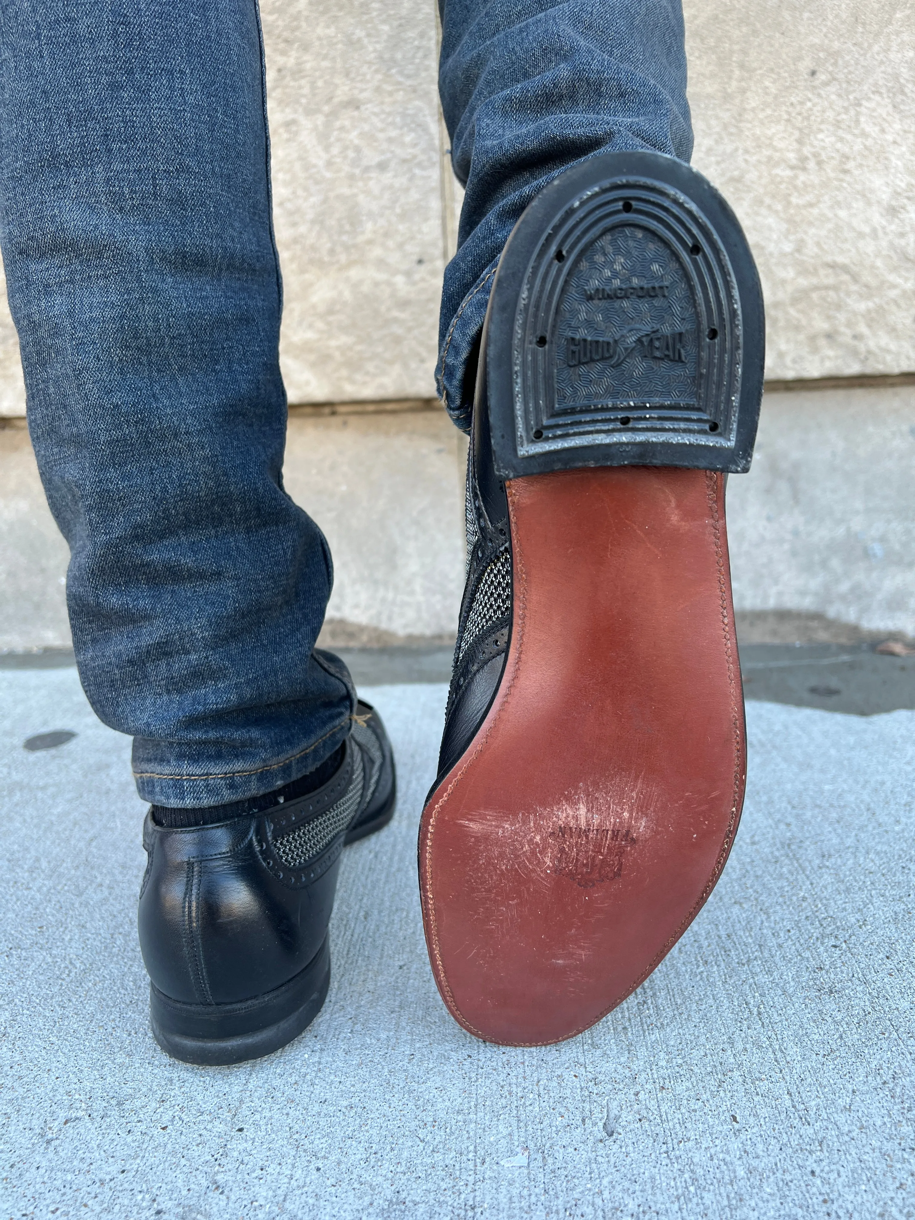 Mens 50s Vintage Black Mesh Wingtip Dress Shoes, Freeman NOS