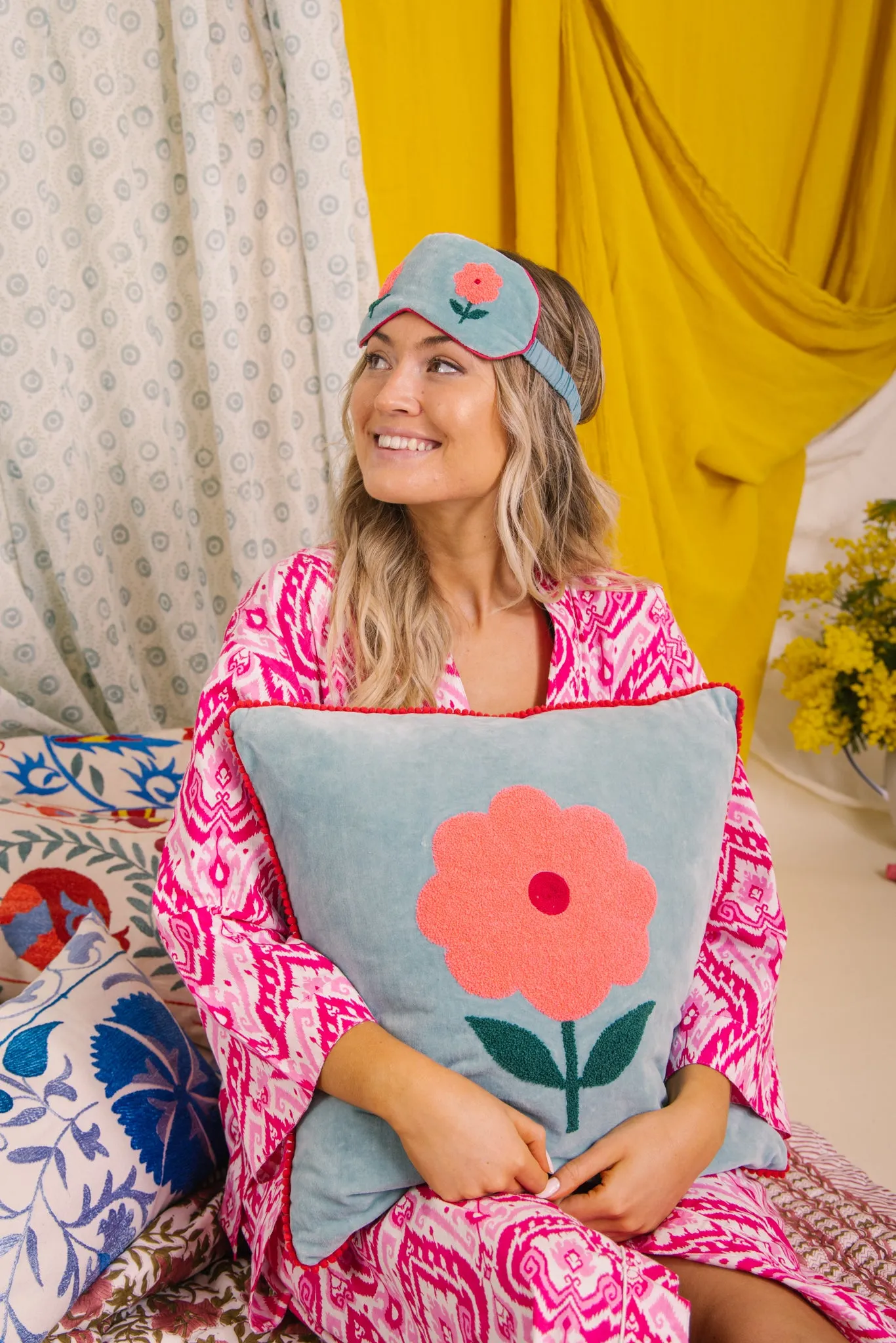 Velvet Flower Eye Mask - Aqua & Pink