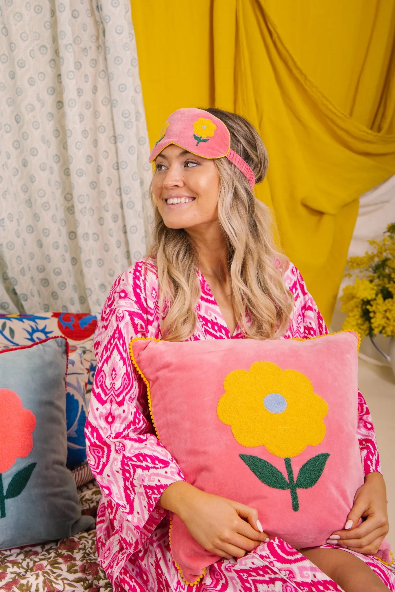 Velvet Flower Eye Mask - Pink & Yellow